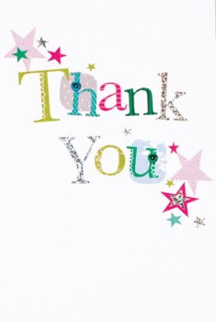 The elegant arrangement of letters on this thank you card imparts a quietly joyful presence, much like the subtle but welcoming atmosphere found in Hither Green's hidden gardens. Each character reveals its own personality-some outlined with playful curves or spotted patterns, others elongated and graceful, hinting at a musicality reminiscent of local street musicians in Manor Park. Surrounding the warm message, radiant stars gather in clusters; striped and shimmering pinks, deep turquoise, and glints of silver evoke the diverse wildflowers found along the walking paths behind Hither Green station. The design is airy and refined, with a gentle sprinkling of stardust enlivening its smooth, white canvas, giving the entire piece a modern yet universally warm appeal. It's sophisticated but never standoffish-a sentiment that would sit beautifully beside any bouquet delivered from Florist Hither Green, whether it's for a neighbour, a colleague, or a loved one. This card, with its heartfelt message and delicate artistry, mirrors the uplifting nature of a stroll through the area-thoughtful, quietly exuberant, and filled with gratitude that lingers long after the moment has passed.