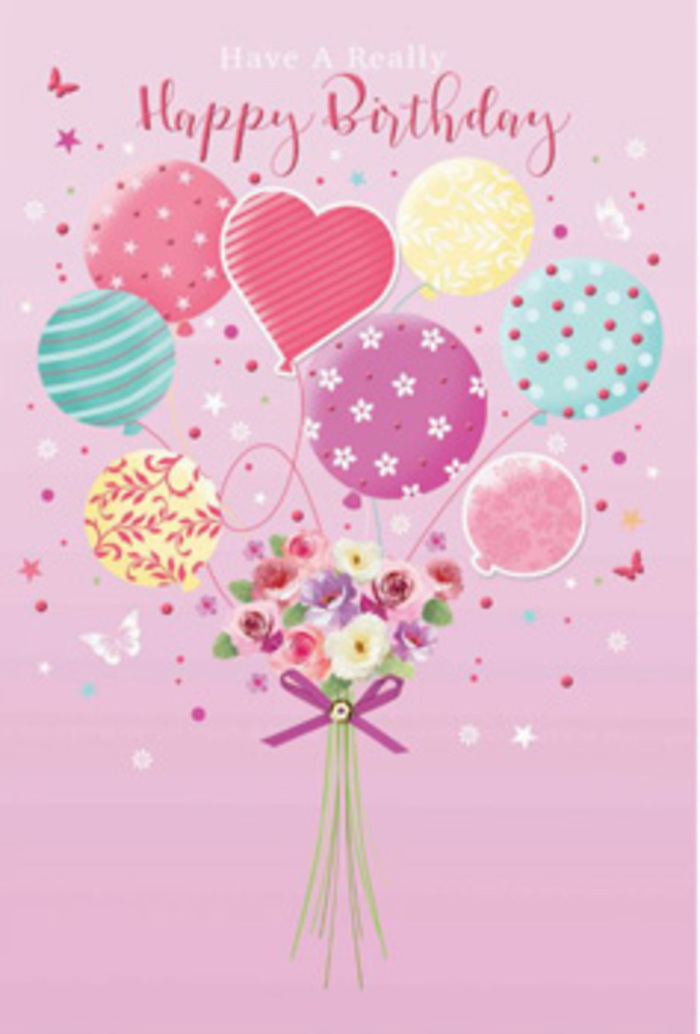 A tender birthday design unfolds on a soft blush backdrop, where a bouquet of balloons and flowers seems to be drifting lazily above the rooftops of Hither Green. At the top, an assortment of pastel balloons forms a loose cloud of colour, their rounded shapes overlapping just enough to suggest gentle movement, as though a mild breeze from nearby Mountsfield Park were nudging them along. Pale sunshine yellow, rosy pink, lavender, and sea-green tones blend together, each balloon showing off a distinct personality: one dressed in candy-striped ribbons, another sprinkled with jaunty polka dots, others adorned with small floral sprays and swirling lines. In the centre of this cluster, a slightly larger, heart-like balloon glows with a warmer pink hue, quietly reinforcing the sense of affection behind the birthday message. From this airy gathering, slender strings fall gracefully to meet a compact, hand-tied bouquet below. The flowers are drawn with a florist's eye: petite roses and daisy-like blooms, each petal finely shaded from cream to blush to soft mauve, with just a whisper of greenery to frame them. A rich purple bow wraps around the gathered stems, its satin loops catching highlights that make the ribbon appear almost touchably smooth. Small butterflies and tiny stars flutter around the arrangement, as if they were sparkling fragments of a birthday wish floating through the air. The lighting is even and gentle, with no harsh shadows, giving the entire composition a dreamy, light-hearted quality. It feels like the ideal birthday greeting for someone in Hither Green-thoughtful, uplifting, and carefully composed, as though it had been arranged by an experienced local florist who understands how to turn simple joy into something quietly unforgettable.