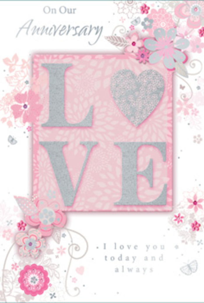 This anniversary card captures the feeling of quiet, enduring love, much like the gentle rhythm of daily life around Hither Green's tree-lined streets. At its heart, the word "LOVE" stretches across the centre panel in bold, raised letters decorated with fine glitter, blending blush pink, pearlescent white, and touches of silver. The surface appears textured and almost velvety to the touch, giving the impression that brushing your fingers across it would feel like tracing the stems of freshly arranged blooms. Behind the word, a soft pink background glows with a subtle gradient, deepening slightly around the edges as if holding the design in a warm embrace. From this centrepiece, a cascade of stylised blossoms, leaves, and swirling vines extends outward, drawn in slender white and silver lines with delicate shading. The flowers echo the loose, natural curves a florist might sketch while planning an anniversary bouquet for a couple living near Hither Green Station. Some petals are filled with pale blush and gentle grey, others left as fine outlines, creating layers of lightness and depth that keep the design airy rather than heavy. Silver accents and tiny, glittering highlights catch the light, reminiscent of dewdrops on garden flowers after a light rain over nearby green spaces. Elegant script in muted grey carries loving anniversary sentiments, speaking of shared memories, trust, and commitment. The card feels like a thoughtfully crafted keepsake, the paper equivalent of a hand-tied arrangement, and would pair beautifully with an anniversary delivery arranged through Florist Hither Green for a truly personal gesture.