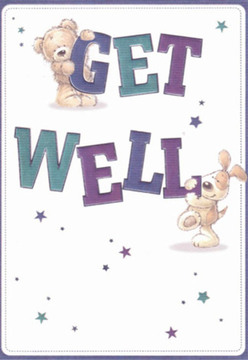 A sense of heartfelt comfort radiates from this get well card, its artwork echoing the calm and caring energy found throughout Hither Green. Illustrated in expressive detail, a tender teddy bear hugs the top of the word 'GET' while a spirited puppy snuggles beneath the bold 'WELL.' Their softly rounded features and expressive faces exude encouragement, much as a freshly arranged bouquet can lighten even the hardest days. Deep shades of indigo, purple, and gentle teal create striking text that seems to float above a clean white backdrop, evoking the clarity of a sunlit morning passing over Manor Park or Ladywell Fields. Flecks of star-shaped hope dot the scene, their sporadic joy bringing a magical touch of optimism to the design. As a florist, I'm reminded of the attentive preparation given to each order at Florist Hither Green-every detail, from fuzzy fur to twinkling stars, is thoughtfully composed to spark comfort and lift a neighbour's spirits during recovery, making it a perfect pairing with vibrant local blooms.