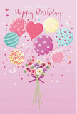This illustration captures the spirit of a birthday in Hither Green as a whimsical bouquet of balloons and blooms rising into a soft pink sky. At first glance, the eye is drawn upward to the playful cluster of balloons, each carefully painted in soothing pastel shades-milky pink, minty green, gentle lemon, and powdery lavender. One balloon takes on a heart-like shape at the centre, glowing with deeper rose tones that suggest affection and closeness. The surrounding balloons each carry their own festive pattern: candy-coloured diagonal stripes that twist like ribbons, dots scattered like confetti at a party, and delicate floral motifs that echo the cottage gardens and tree-lined streets just off Hither Green Lane. Soft, curling strings lead down from this cheerful cloud to a compact, hand-tied bouquet that appears to be lifted into the air. The flowers themselves are lush and romantic, featuring small roses and anemone-like blooms in shades of creamy ivory, blush pink, and muted mauve, with velvety petals that look almost three-dimensional. Peeks of green foliage help ground the palette, while a violet satin bow gathers the stems with a polished, almost shimmering finish. Tiny butterflies and scattered star shapes hover around the arrangement, adding a sprinkling of fairy-tale charm, as though birthday wishes were floating alongside the blooms. The whole composition is bathed in soft, even light, with no sharp contrast-just a gentle glow that enhances the feeling of warmth and care. It evokes the sense of receiving a thoughtfully chosen birthday card or floral delivery from a local Hither Green florist, something designed to make the recipient feel loved, celebrated, and gently uplifted.